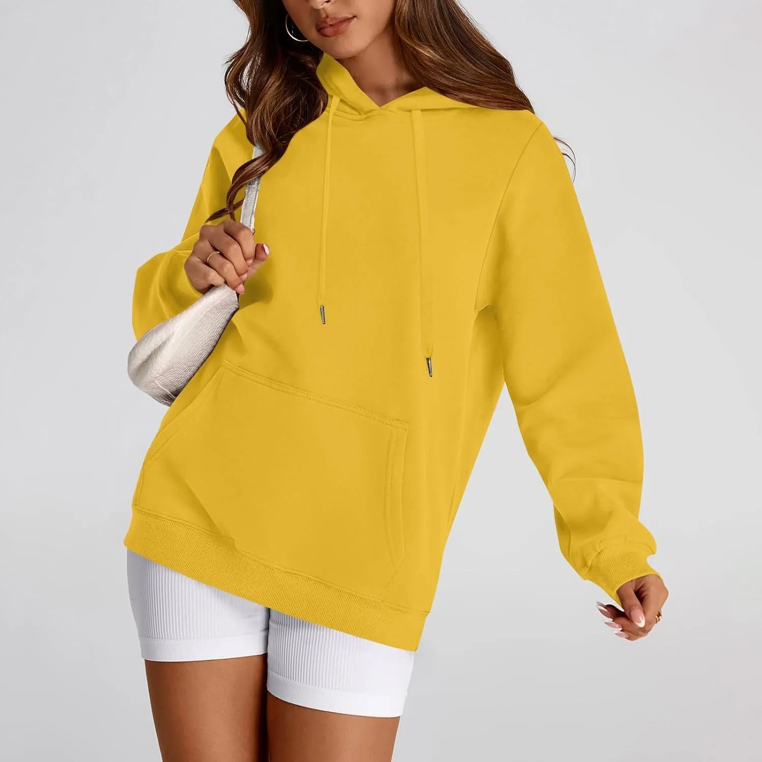 Hoodies For Women Oversized Crewneck Sweatshirt Solid Color Drawstring Tops Casual Long Sleeve Shirts