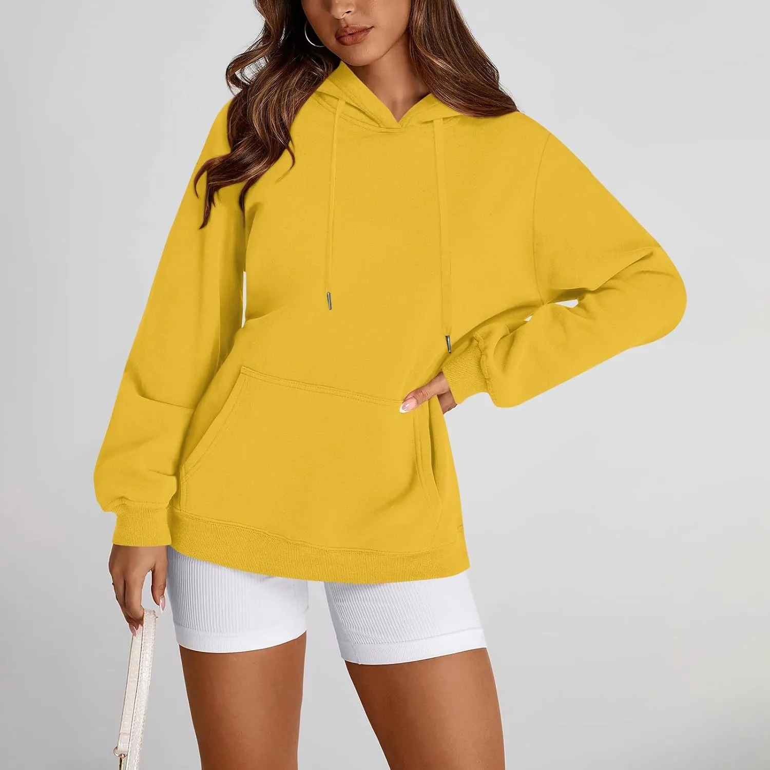 Hoodies For Women Oversized Crewneck Sweatshirt Solid Color Drawstring Tops Casual Long Sleeve Shirts