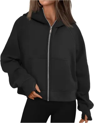 Hoodies for Women Zip Up Jacket Cropped Hoodie Fleece Oversized Sweatshirt Fall Outfits Y2K Winter Clothes Thumb Hole