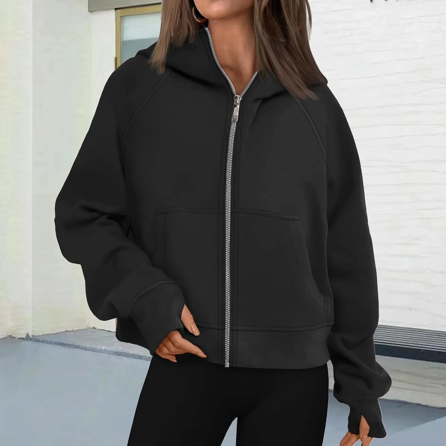 Hoodies for Women Zip Up Jacket Cropped Hoodie Fleece Oversized Sweatshirt Fall Outfits Y2K Winter Clothes Thumb Hole
