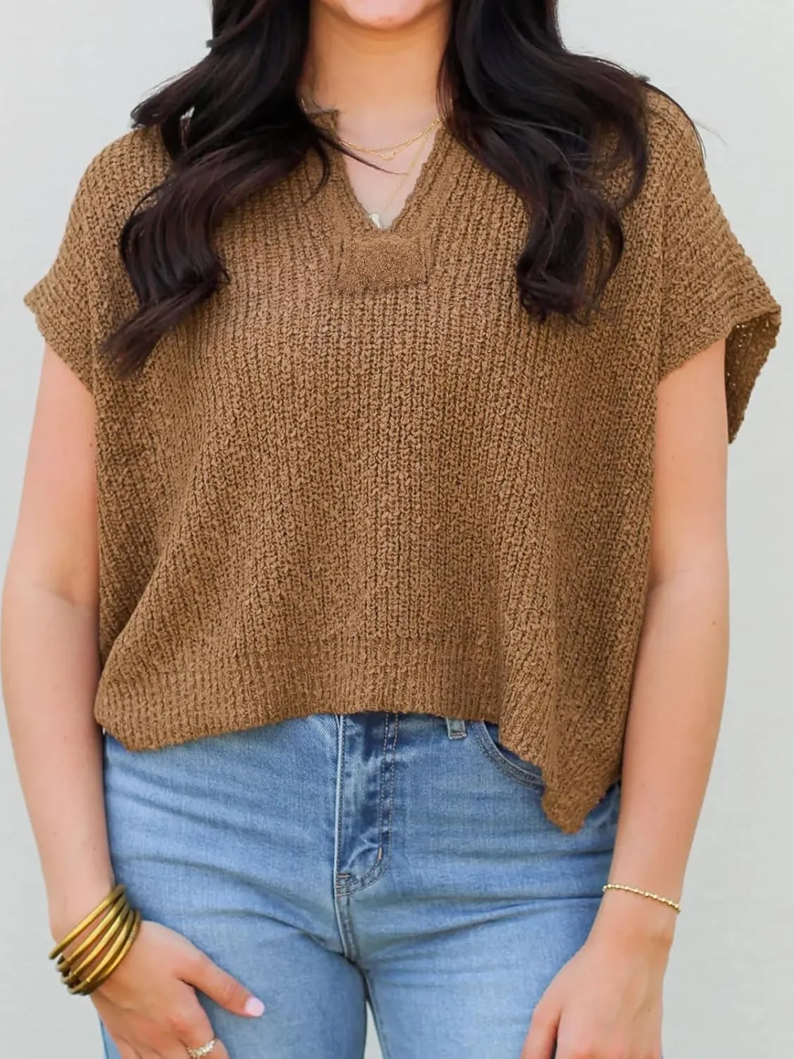 HOULENGS Women's Summer Cap Sleeve Sweaters Casual V Neck Lightweight Sweater Trendy Knit Pullover Tops