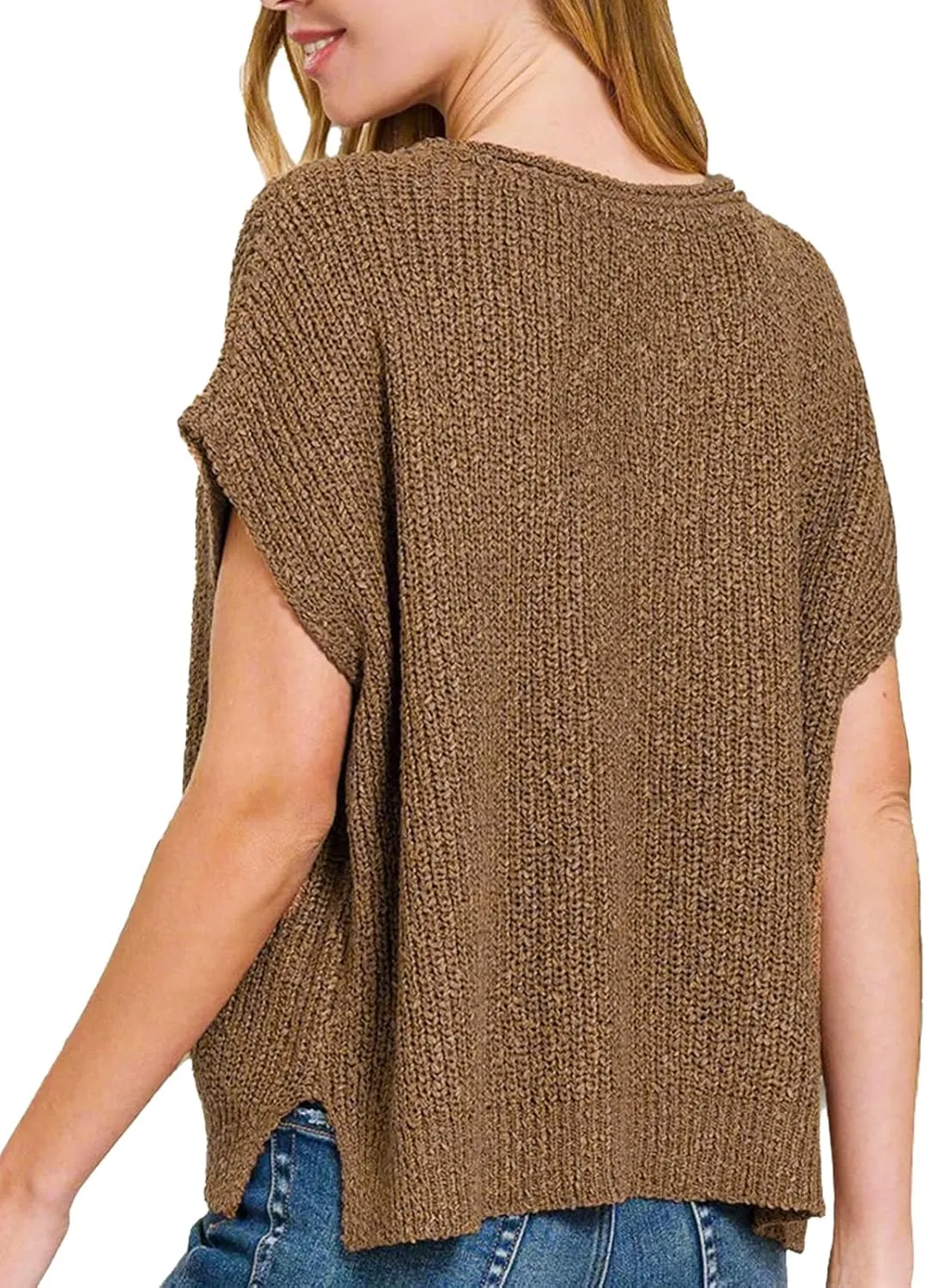 HOULENGS Women's Summer Cap Sleeve Sweaters Casual V Neck Lightweight Sweater Trendy Knit Pullover Tops