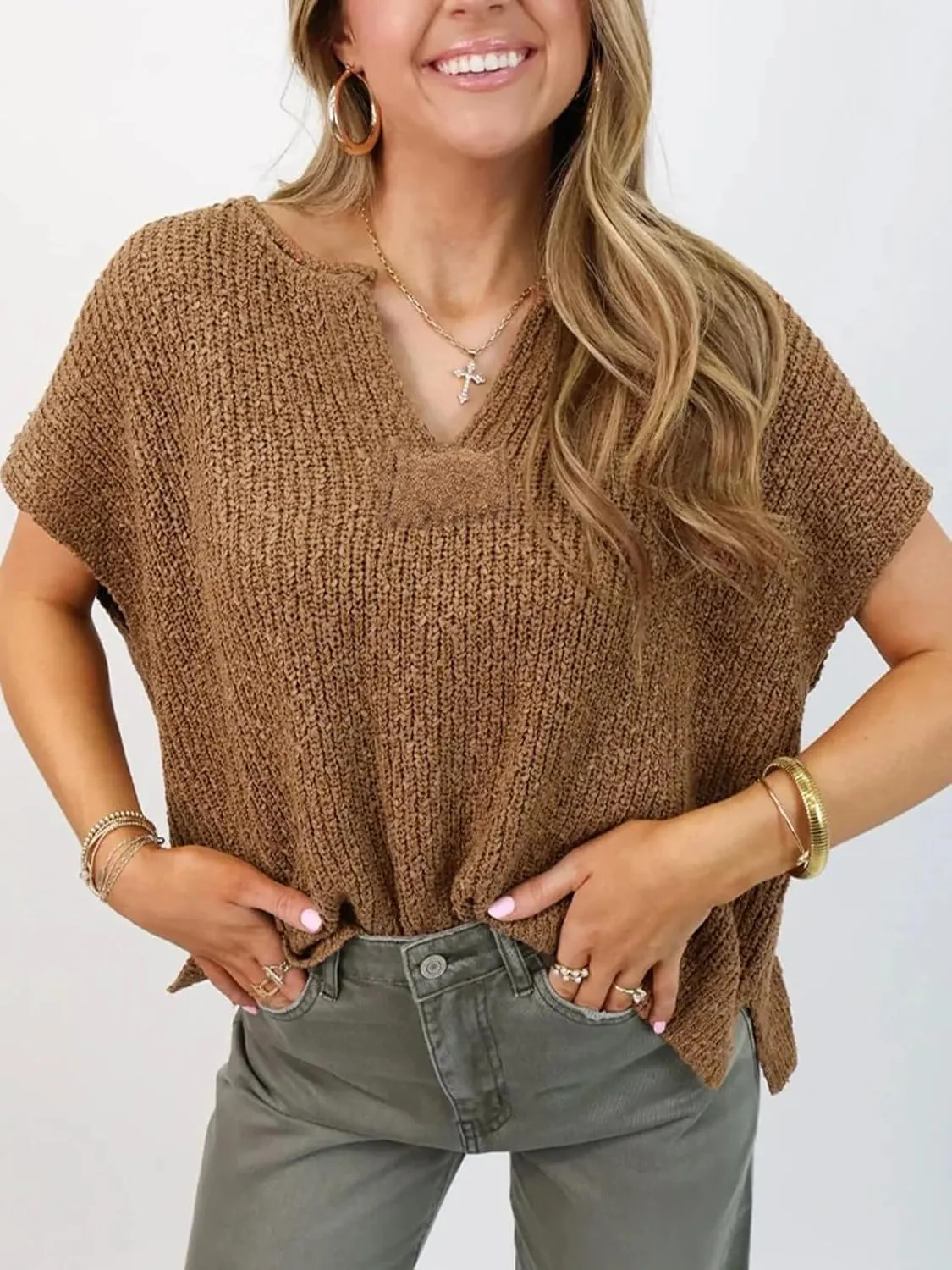 HOULENGS Women's Summer Cap Sleeve Sweaters Casual V Neck Lightweight Sweater Trendy Knit Pullover Tops