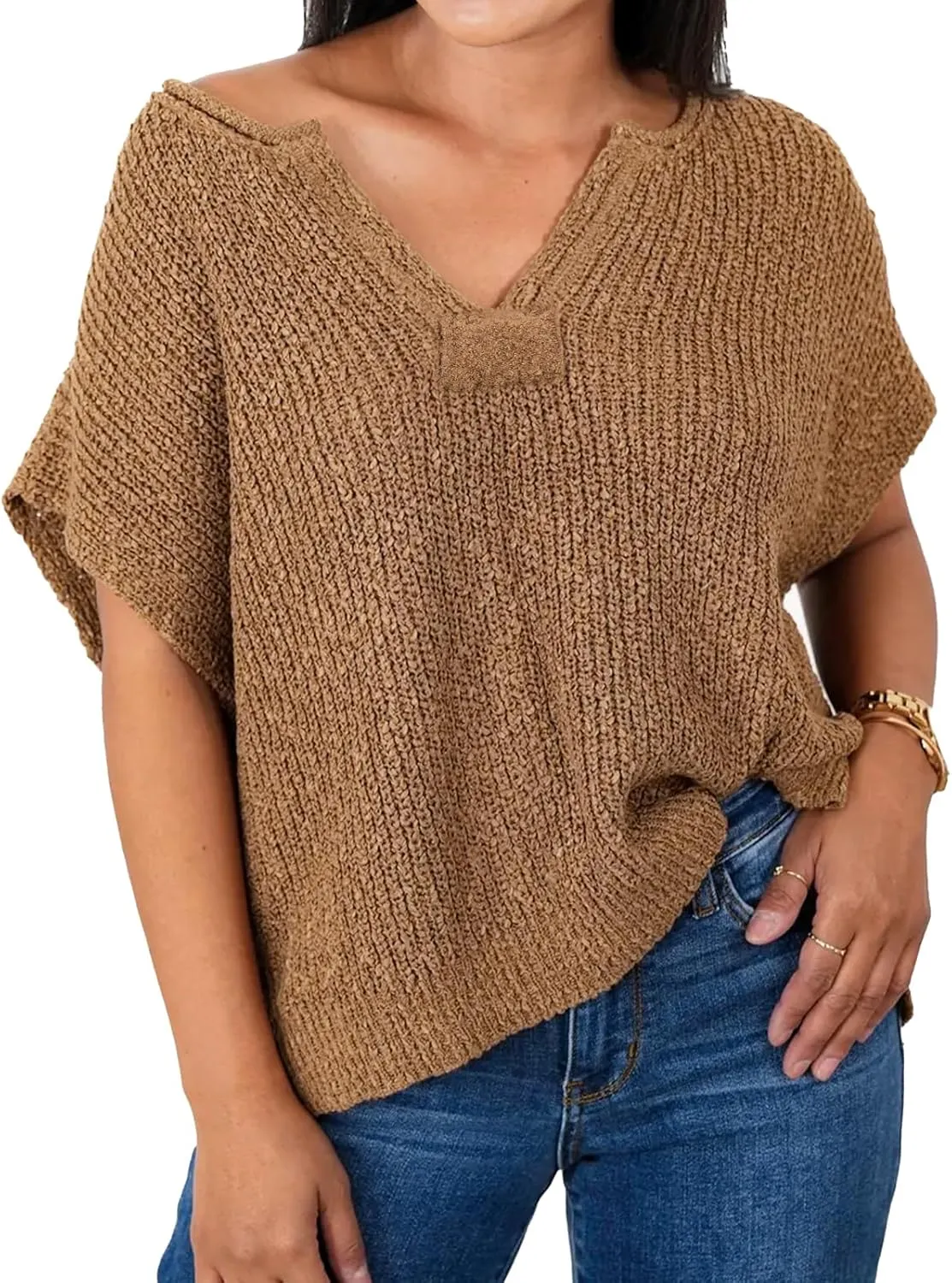 HOULENGS Women's Summer Cap Sleeve Sweaters Casual V Neck Lightweight Sweater Trendy Knit Pullover Tops