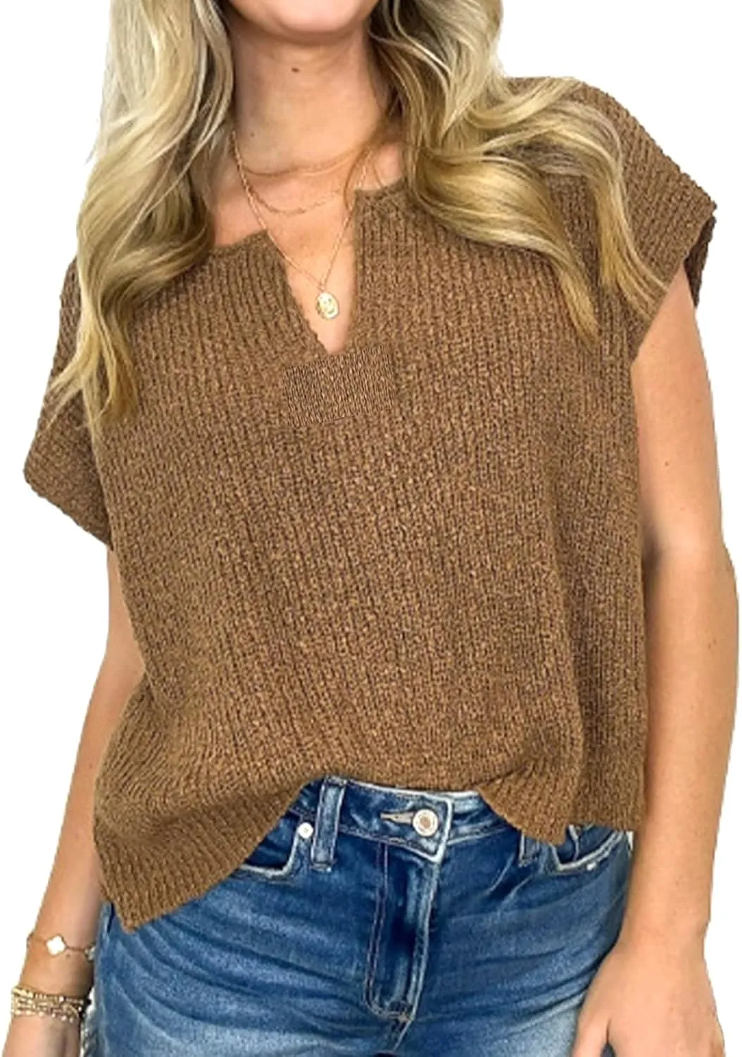 HOULENGS Women's Summer Cap Sleeve Sweaters Casual V Neck Lightweight Sweater Trendy Knit Pullover Tops