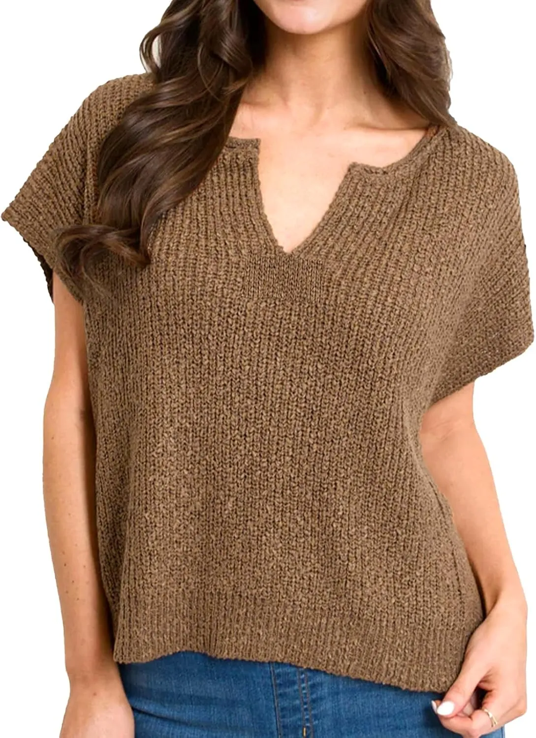 HOULENGS Women's Summer Cap Sleeve Sweaters Casual V Neck Lightweight Sweater Trendy Knit Pullover Tops