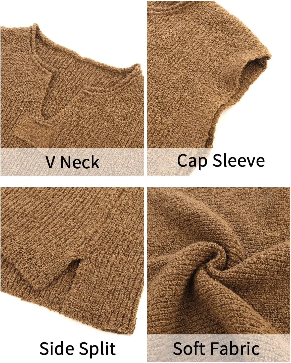 HOULENGS Women's Summer Cap Sleeve Sweaters Casual V Neck Lightweight Sweater Trendy Knit Pullover Tops