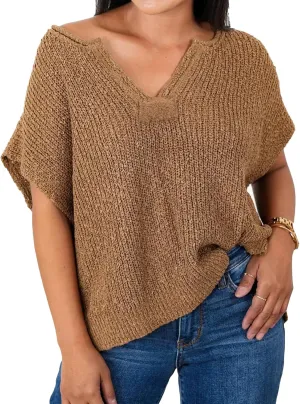 HOULENGS Women's Summer Cap Sleeve Sweaters Casual V Neck Lightweight Sweater Trendy Knit Pullover Tops