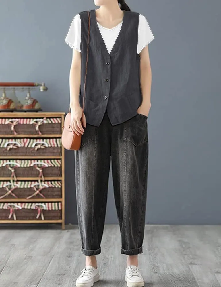 IDEALSANXUN Womens Cotton Linen Vest Casual Sleeveless Blazer Cardigans Lightweight Jacket Waistcoat