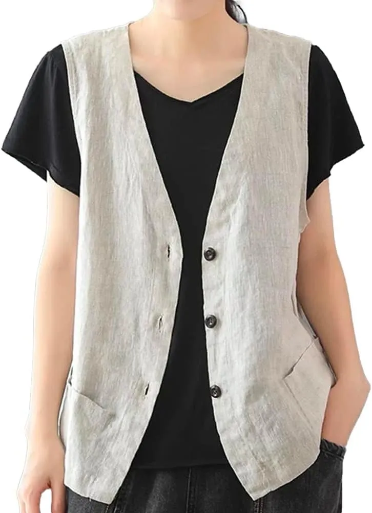 IDEALSANXUN Womens Cotton Linen Vest Casual Sleeveless Blazer Cardigans Lightweight Jacket Waistcoat