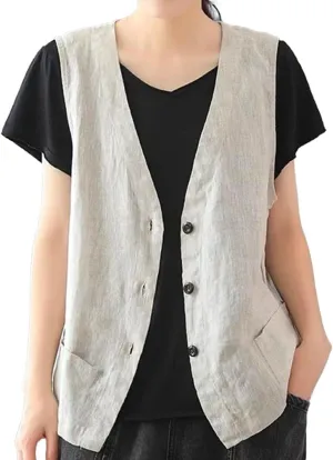 IDEALSANXUN Womens Cotton Linen Vest Casual Sleeveless Blazer Cardigans Lightweight Jacket Waistcoat