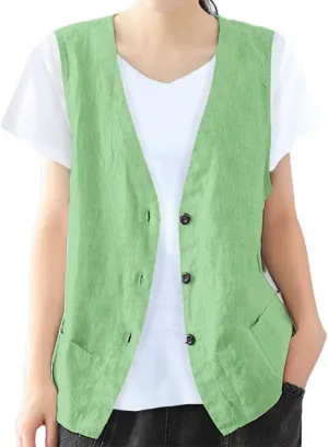 IDEALSANXUN Womens Cotton Linen Vest Casual Sleeveless Blazer Cardigans Lightweight Jacket Waistcoat
