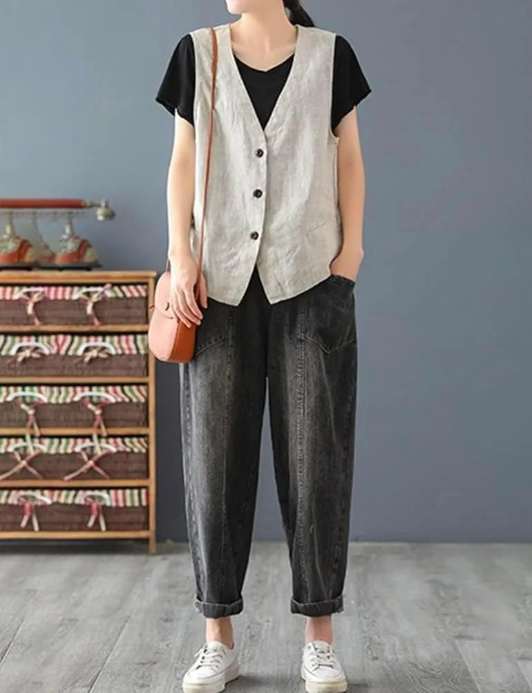 IDEALSANXUN Womens Cotton Linen Vest Casual Sleeveless Blazer Cardigans Lightweight Jacket Waistcoat