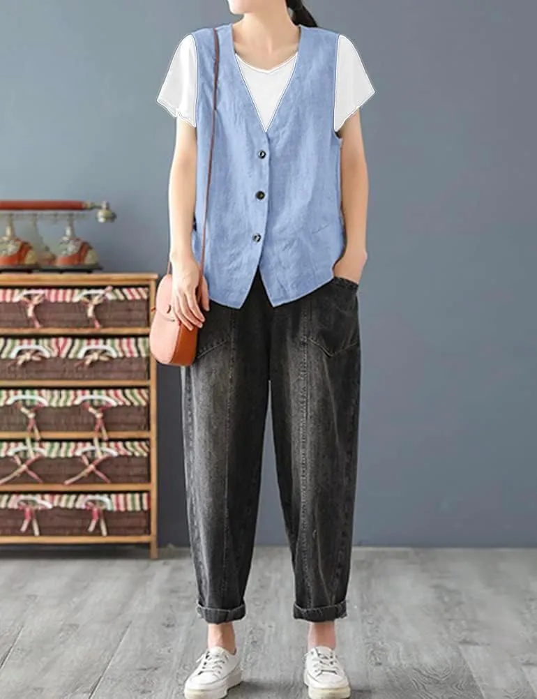 IDEALSANXUN Womens Cotton Linen Vest Casual Sleeveless Blazer Cardigans Lightweight Jacket Waistcoat
