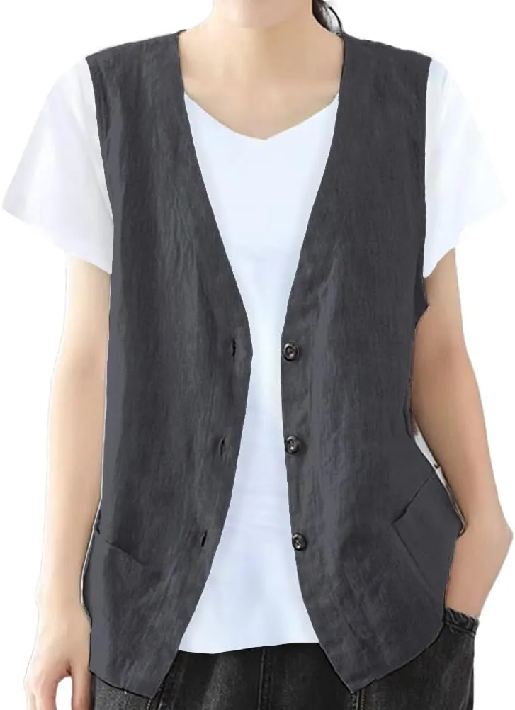 IDEALSANXUN Womens Cotton Linen Vest Casual Sleeveless Blazer Cardigans Lightweight Jacket Waistcoat