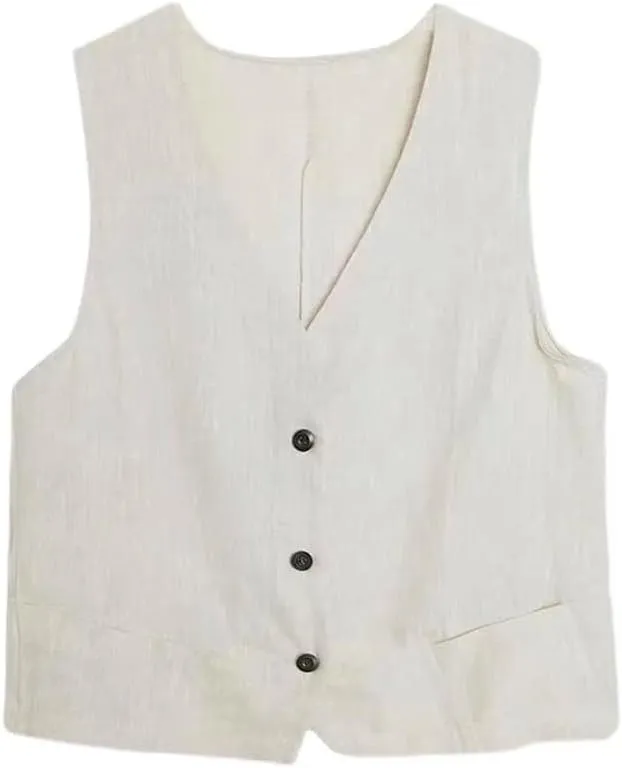 IDEALSANXUN Womens Cotton Linen Vest Casual Sleeveless Blazer Cardigans Lightweight Jacket Waistcoat
