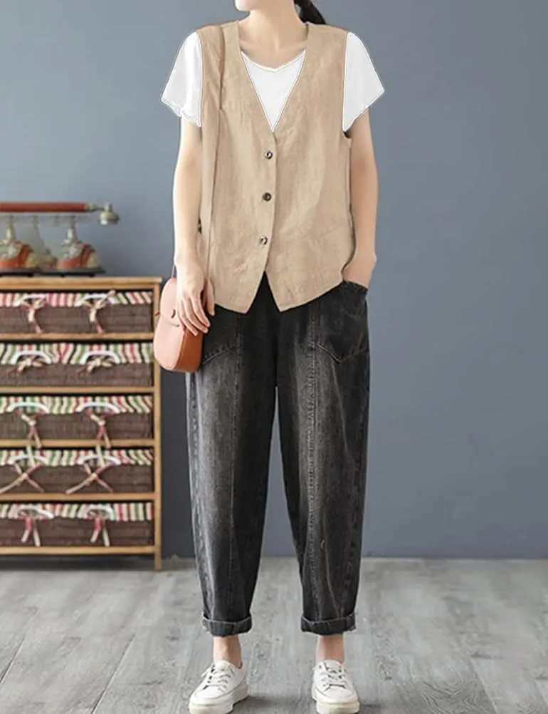 IDEALSANXUN Womens Cotton Linen Vest Casual Sleeveless Blazer Cardigans Lightweight Jacket Waistcoat