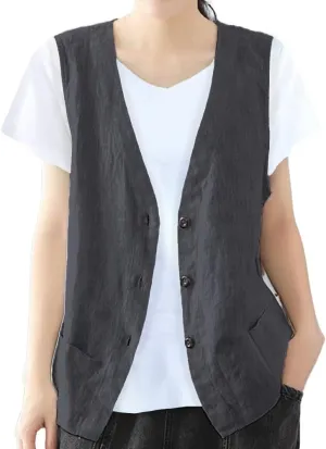 IDEALSANXUN Womens Cotton Linen Vest Casual Sleeveless Blazer Cardigans Lightweight Jacket Waistcoat