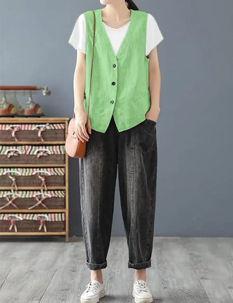 IDEALSANXUN Womens Cotton Linen Vest Casual Sleeveless Blazer Cardigans Lightweight Jacket Waistcoat