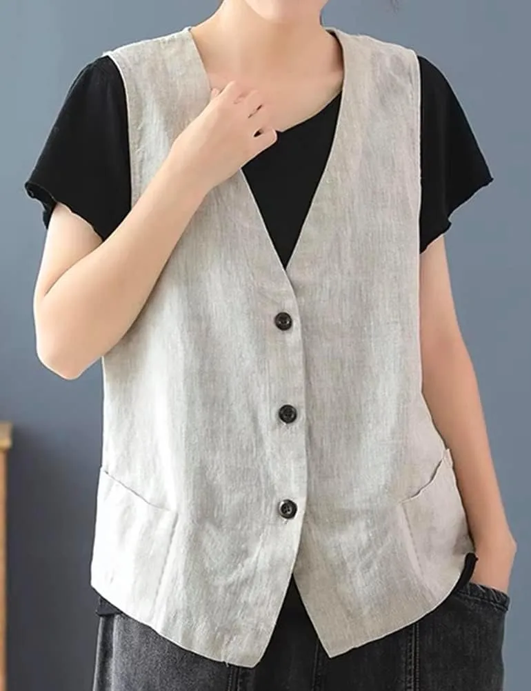 IDEALSANXUN Womens Cotton Linen Vest Casual Sleeveless Blazer Cardigans Lightweight Jacket Waistcoat