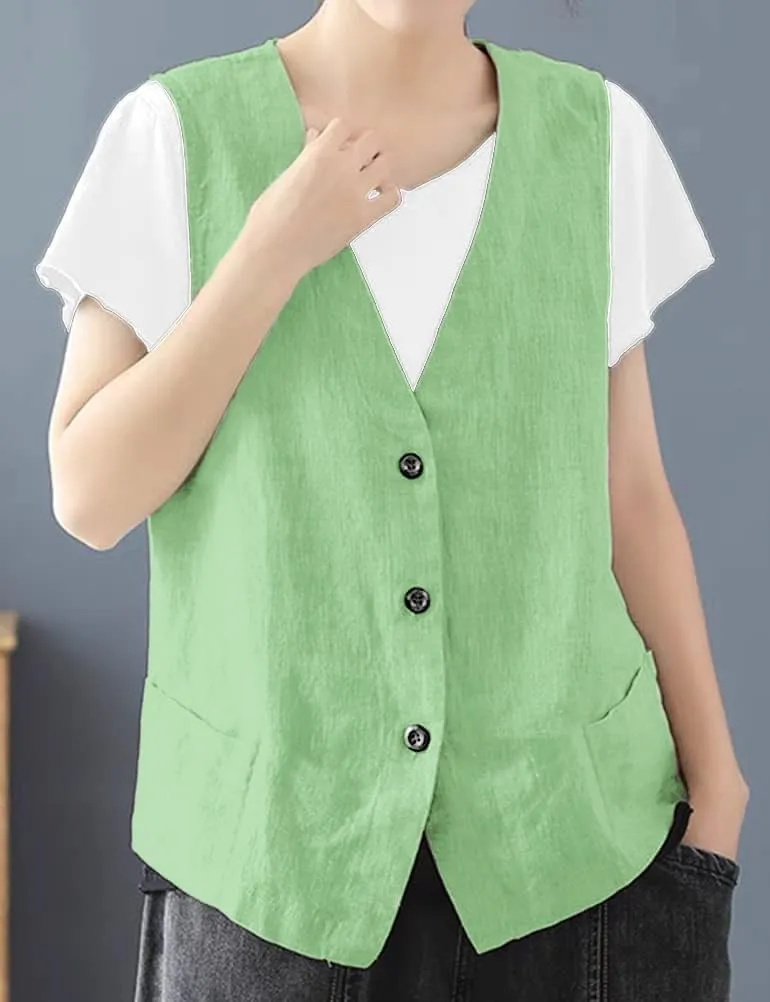 IDEALSANXUN Womens Cotton Linen Vest Casual Sleeveless Blazer Cardigans Lightweight Jacket Waistcoat