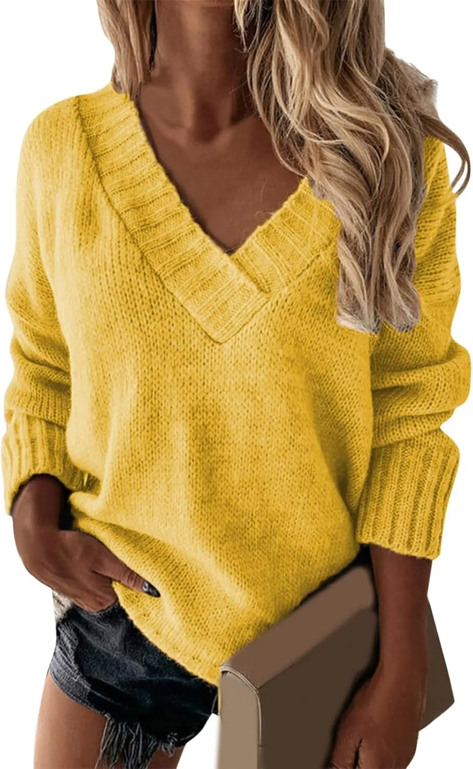 iLH Sweater for Women 2024 Fall Winter Oversized Sweater V Neck Long Sleeve Loose Shirt Solid Knit Pullover Sweater Tops