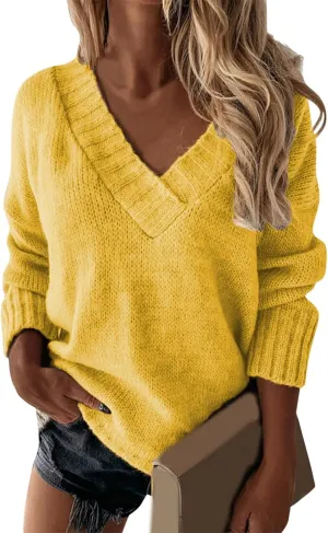 iLH Sweater for Women 2024 Fall Winter Oversized Sweater V Neck Long Sleeve Loose Shirt Solid Knit Pullover Sweater Tops