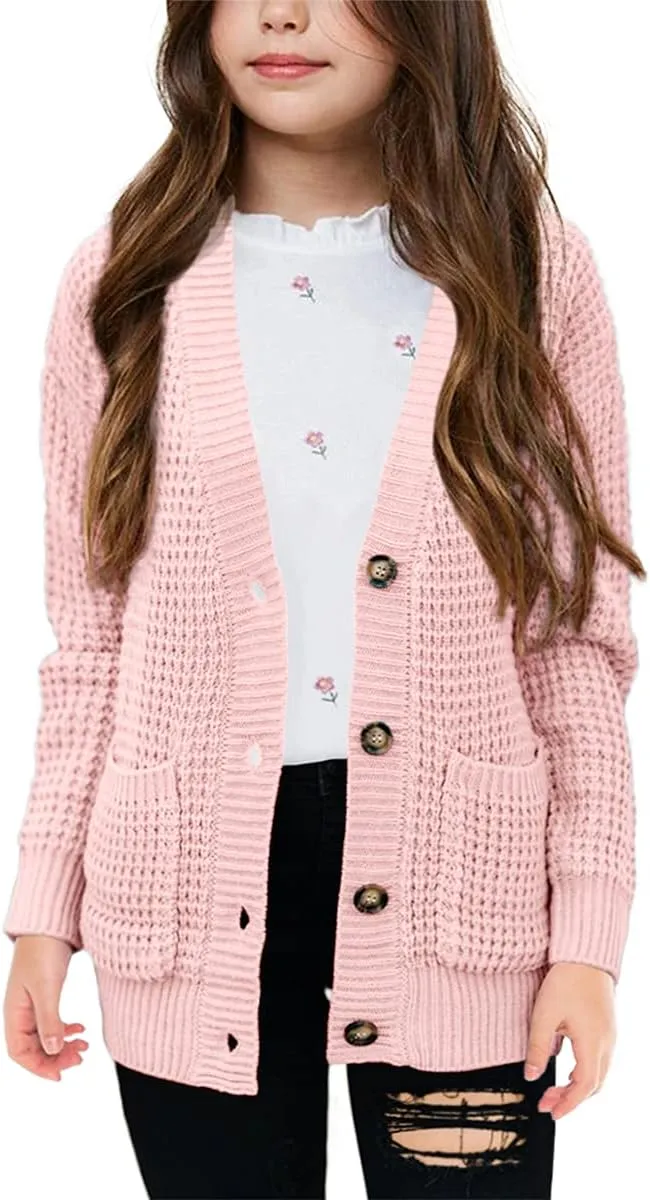 Imily Bela Girls Sweaters Kids Open Front Button Down Knit Cardigans with Pockets
