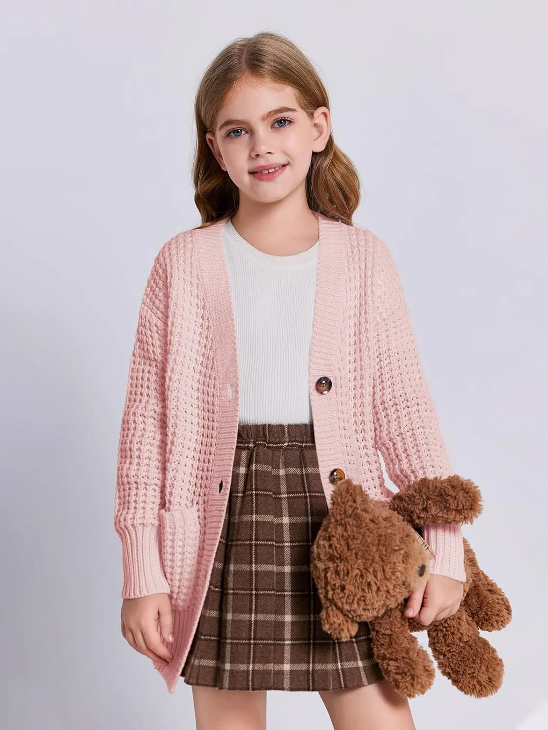 Imily Bela Girls Sweaters Kids Open Front Button Down Knit Cardigans with Pockets