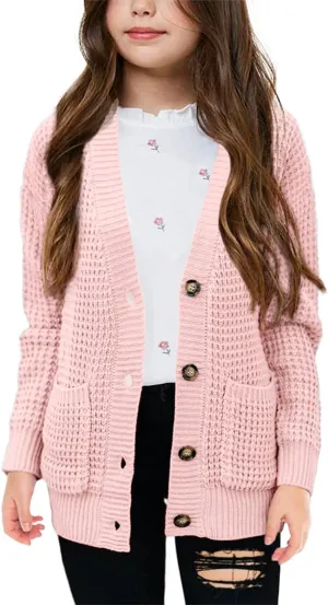 Imily Bela Girls Sweaters Kids Open Front Button Down Knit Cardigans with Pockets