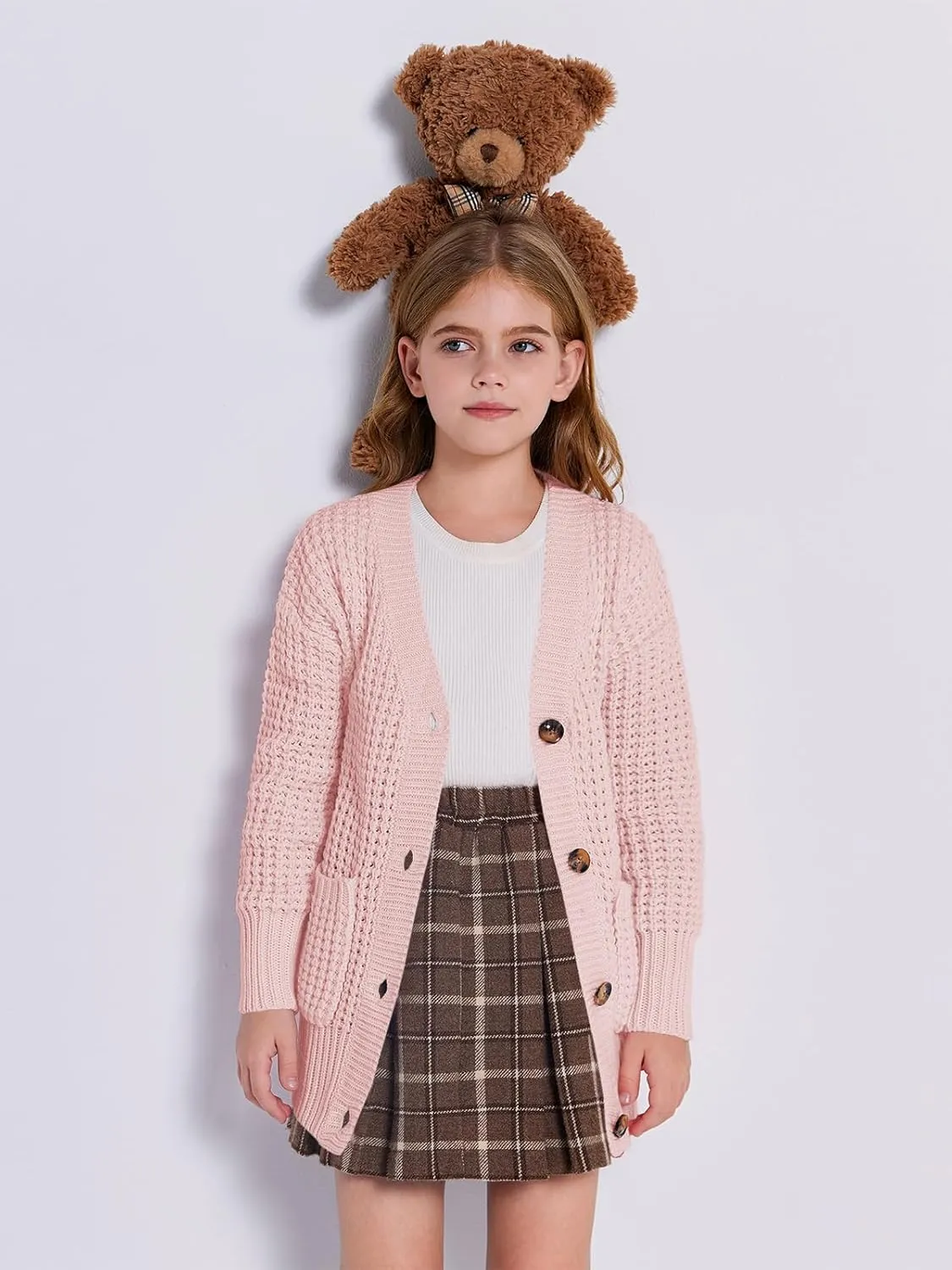 Imily Bela Girls Sweaters Kids Open Front Button Down Knit Cardigans with Pockets
