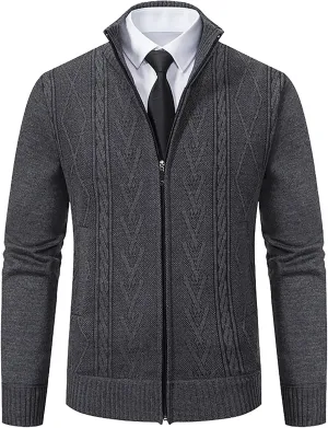 Jacket for Men's 2024 Trendy Ribbed Knit Cardigan Sweater Full Zipper Stand Collar Long Sleeves Soft Knitwear Tops