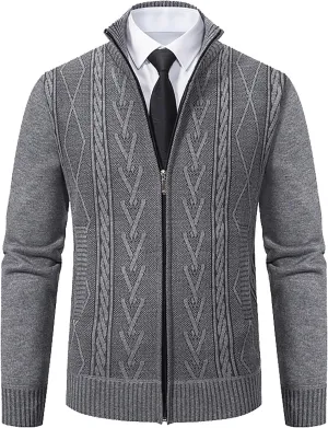 Jacket for Men's 2024 Trendy Ribbed Knit Cardigan Sweater Full Zipper Stand Collar Long Sleeves Soft Knitwear Tops
