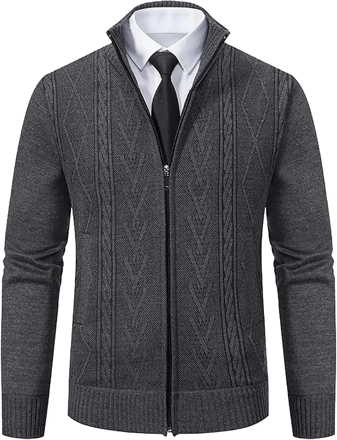 Jacket for Men's 2024 Trendy Ribbed Knit Cardigan Sweater Full Zipper Stand Collar Long Sleeves Soft Knitwear Tops