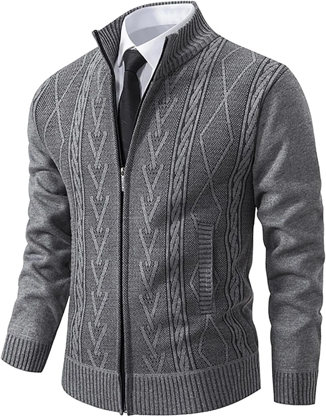 Jacket for Men's 2024 Trendy Ribbed Knit Cardigan Sweater Full Zipper Stand Collar Long Sleeves Soft Knitwear Tops