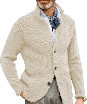 JEShifangjiusu Men'S Stand Collar Cardigan Sweaters Wool Blend V Neck Button Down Sweaters Solid Color Coat With Pockets