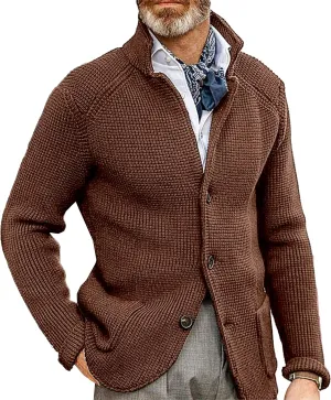 JEShifangjiusu Men'S Stand Collar Cardigan Sweaters Wool Blend V Neck Button Down Sweaters Solid Color Coat With Pockets