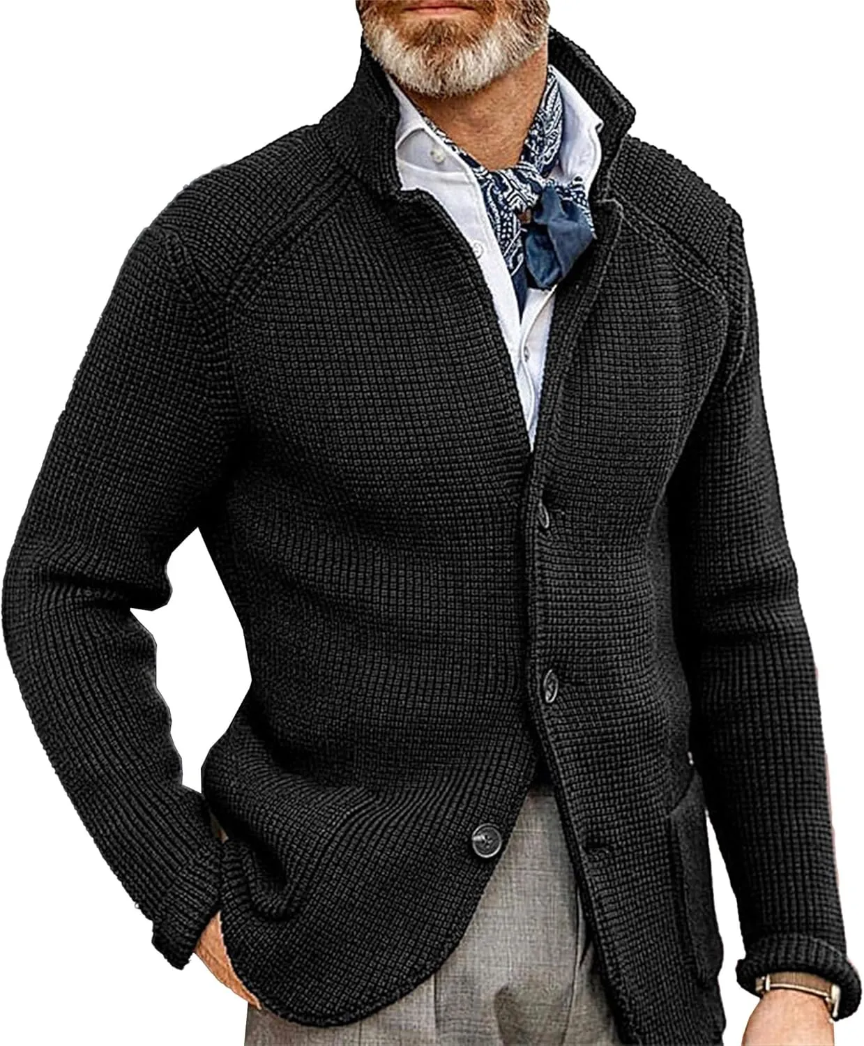 JEShifangjiusu Men'S Stand Collar Cardigan Sweaters Wool Blend V Neck Button Down Sweaters Solid Color Coat With Pockets