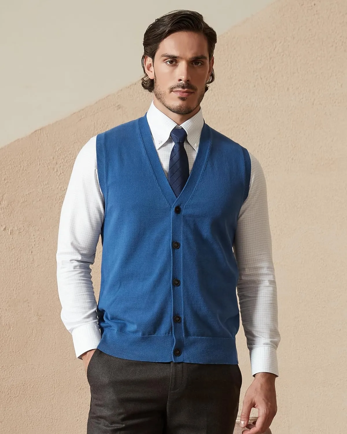 Kallspin Men’s Button Down Sweater Vest Lightweight Knitted Pure Cotton V-Neck Sleeveless Cardigans