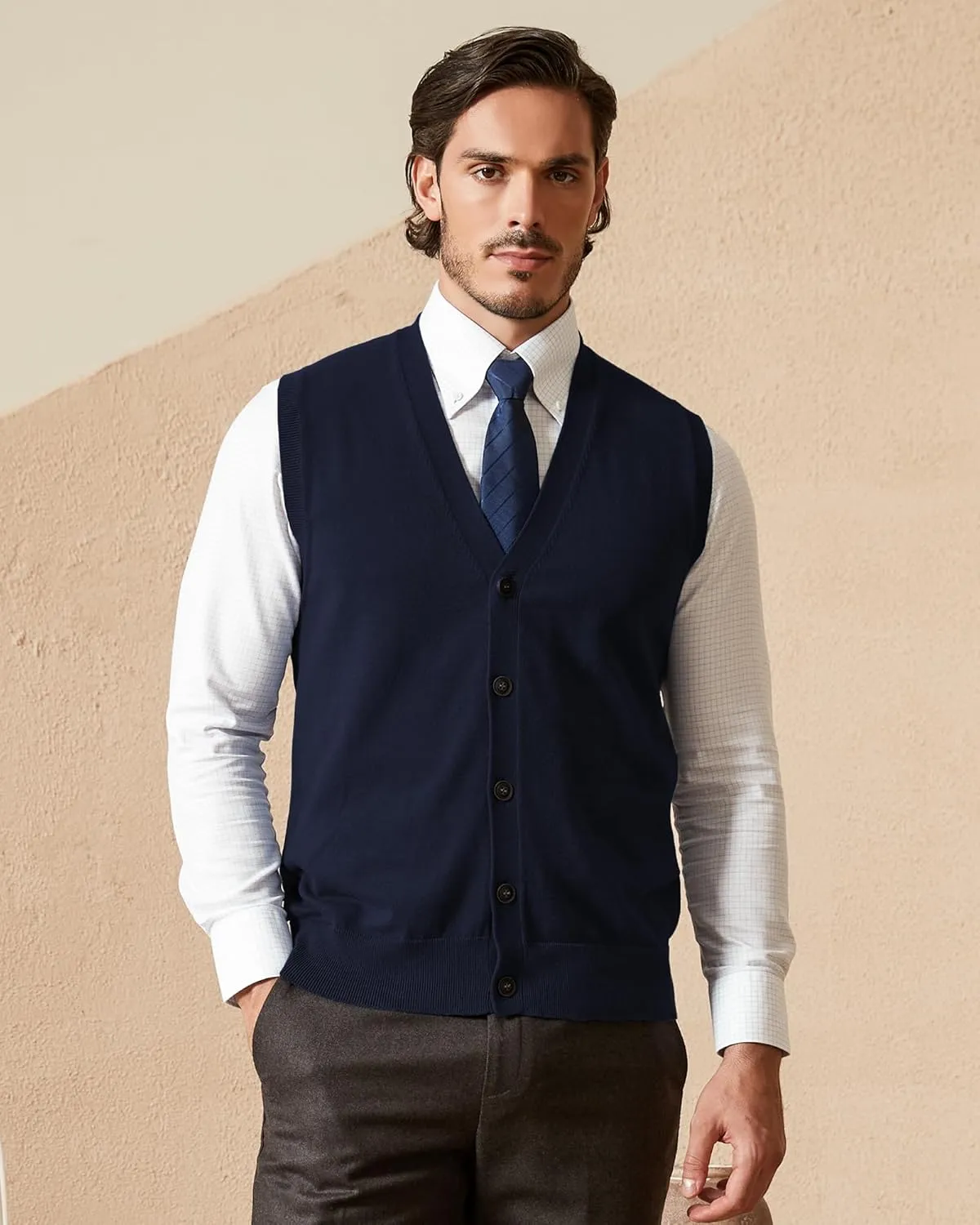Kallspin Men’s Button Down Sweater Vest Lightweight Knitted Pure Cotton V-Neck Sleeveless Cardigans