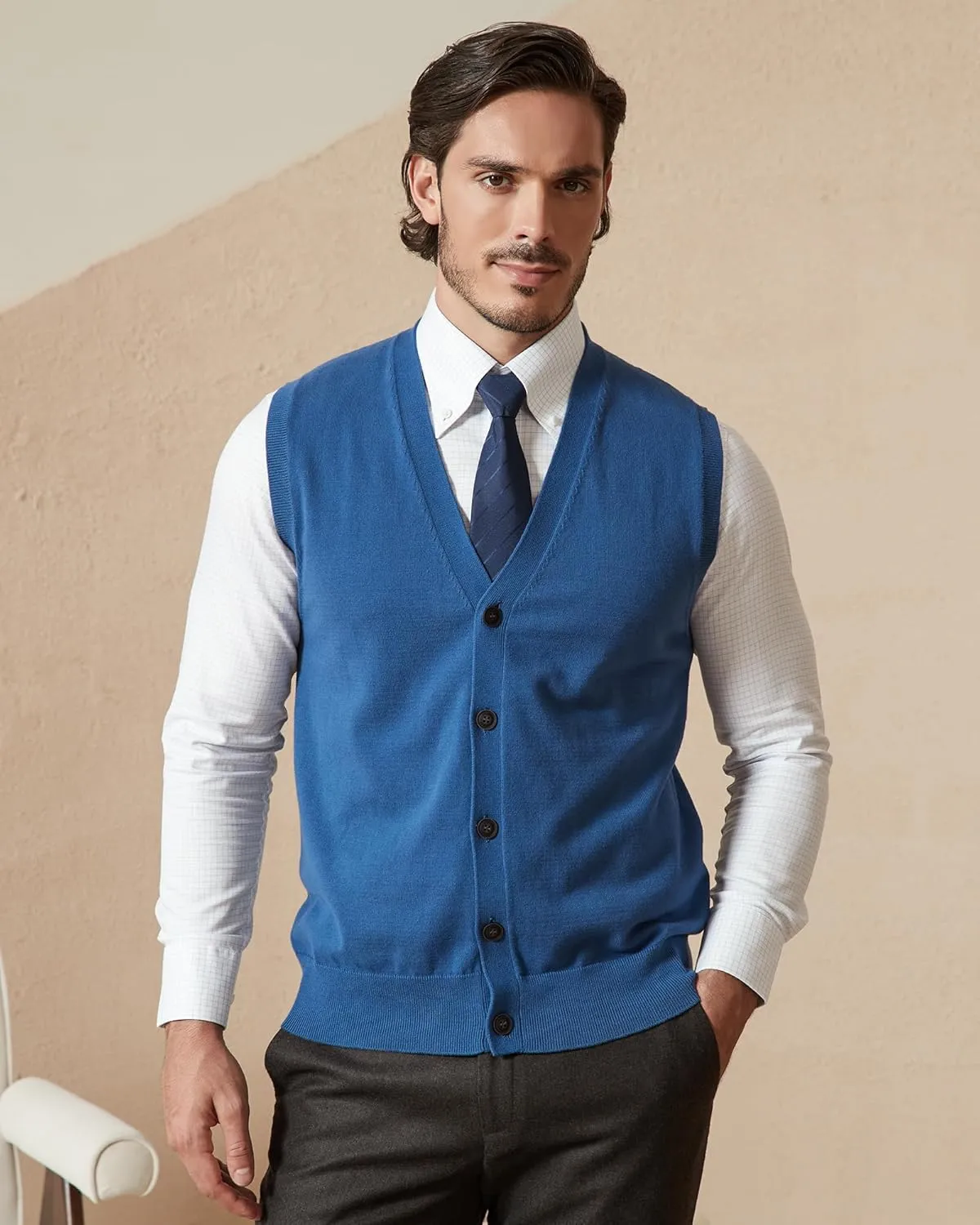 Kallspin Men’s Button Down Sweater Vest Lightweight Knitted Pure Cotton V-Neck Sleeveless Cardigans