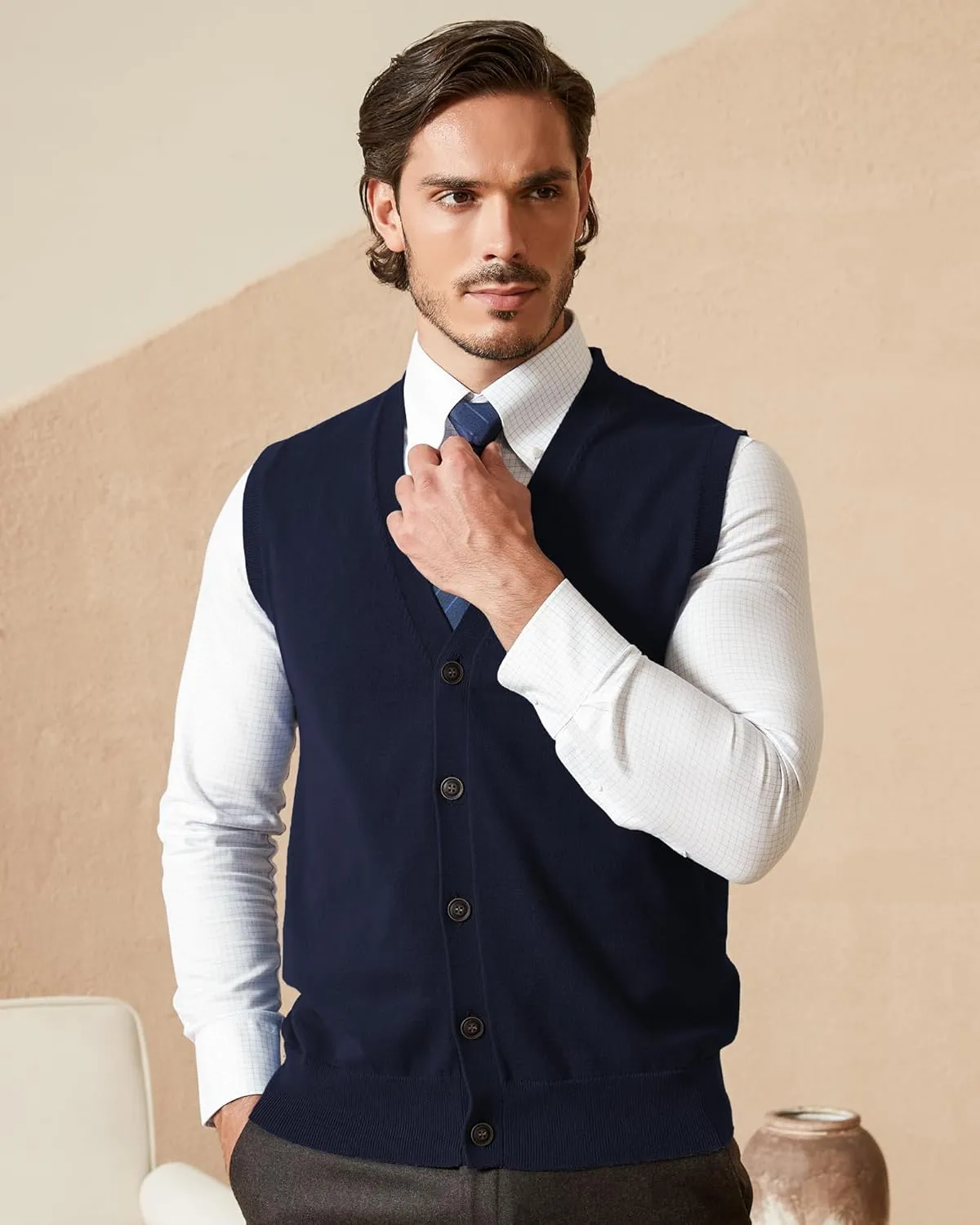 Kallspin Men’s Button Down Sweater Vest Lightweight Knitted Pure Cotton V-Neck Sleeveless Cardigans