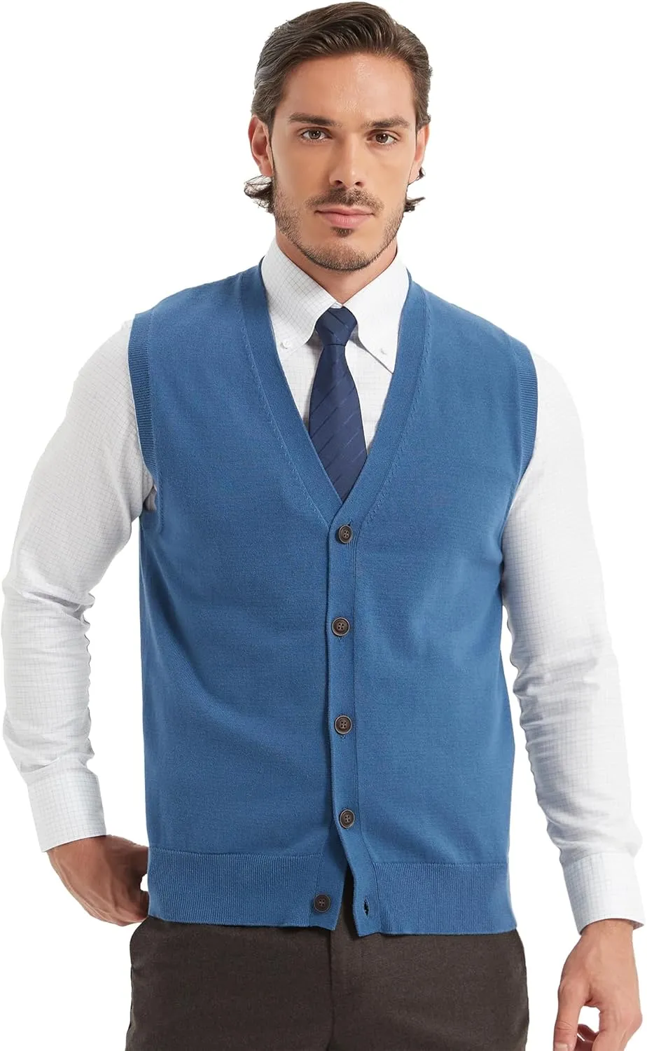 Kallspin Men’s Button Down Sweater Vest Lightweight Knitted Pure Cotton V-Neck Sleeveless Cardigans