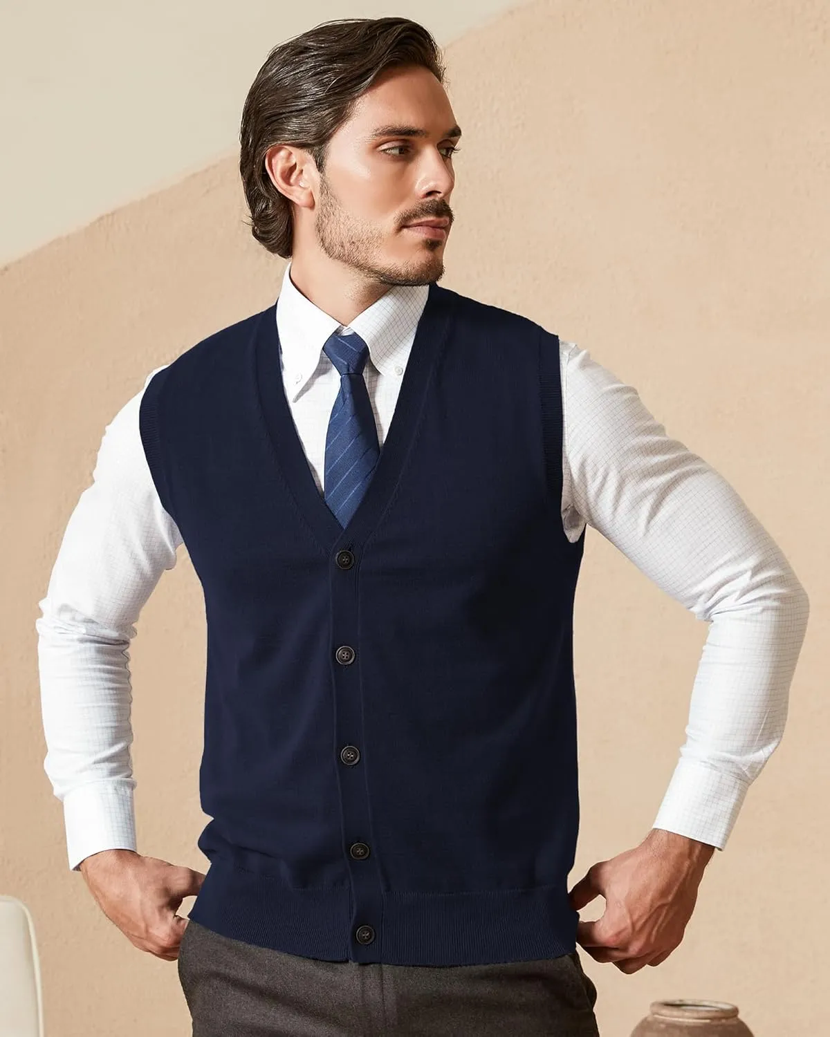 Kallspin Men’s Button Down Sweater Vest Lightweight Knitted Pure Cotton V-Neck Sleeveless Cardigans