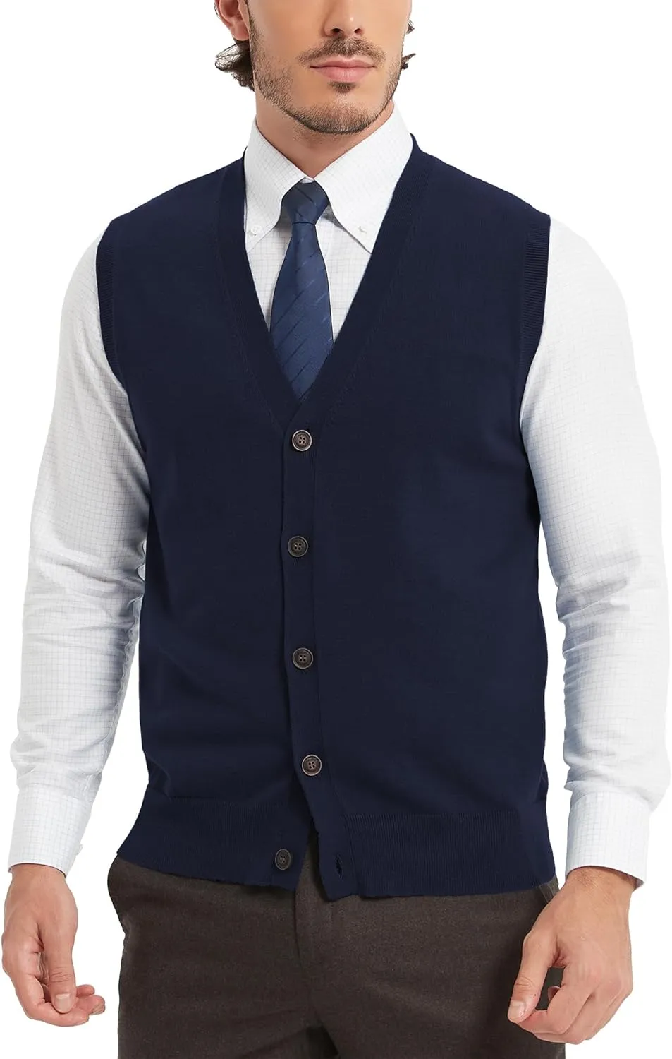 Kallspin Men’s Button Down Sweater Vest Lightweight Knitted Pure Cotton V-Neck Sleeveless Cardigans