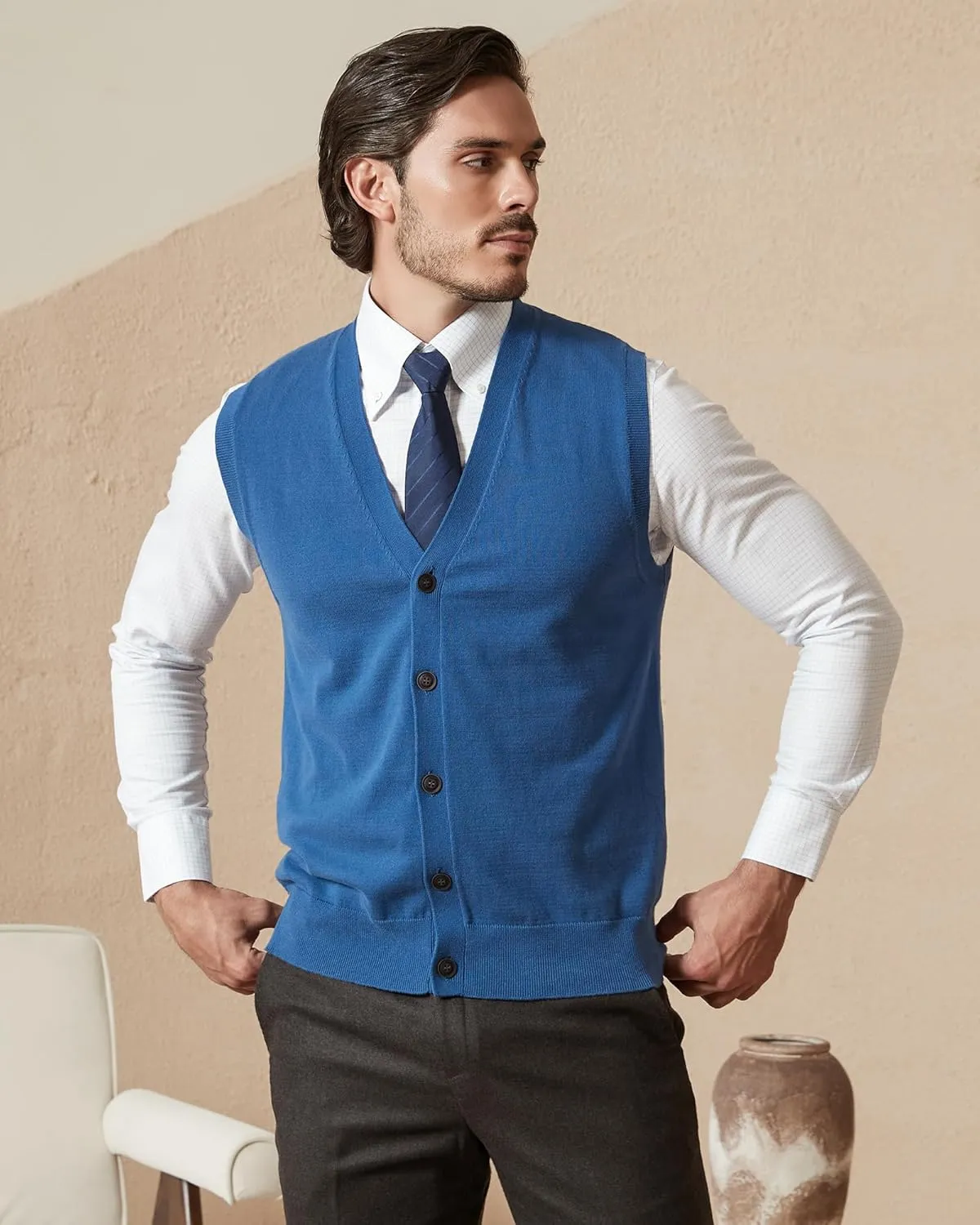 Kallspin Men’s Button Down Sweater Vest Lightweight Knitted Pure Cotton V-Neck Sleeveless Cardigans