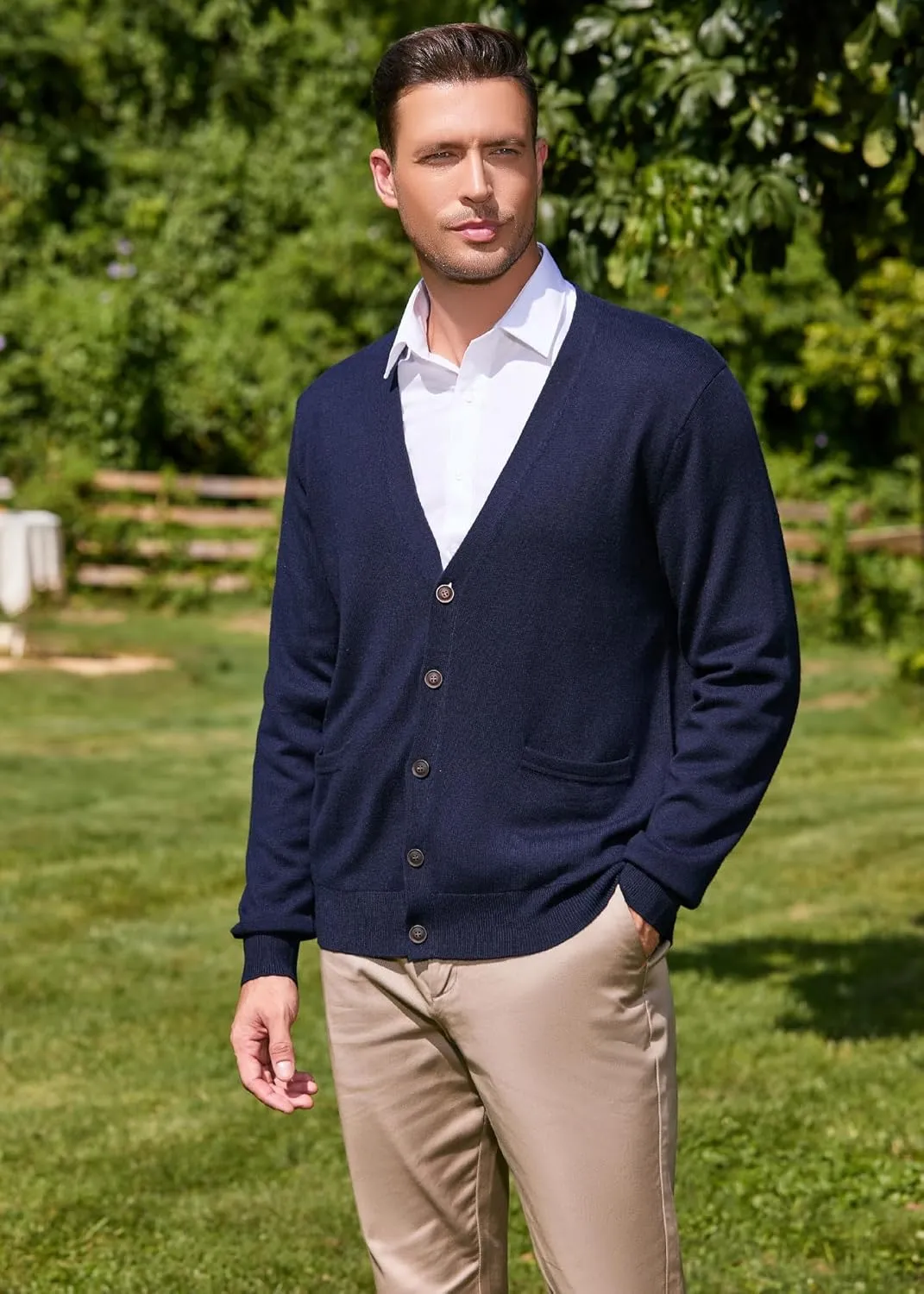 Kallspin Men's Cardigan Sweaters Wool Blend V Neck Button Down Sweaters with Pockets