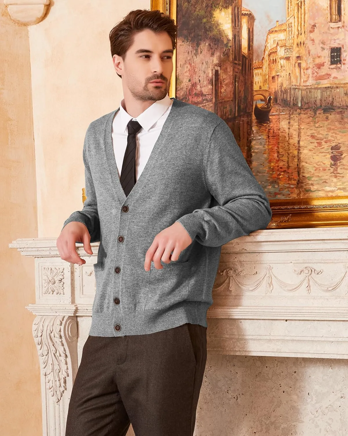 Kallspin Men's Cardigan Sweaters Wool Blend V Neck Button Down Sweaters with Pockets