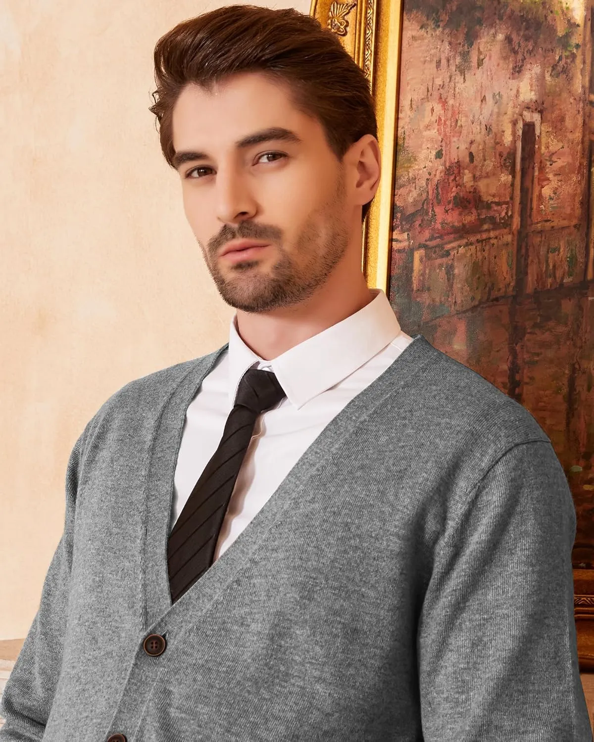 Kallspin Men's Cardigan Sweaters Wool Blend V Neck Button Down Sweaters with Pockets