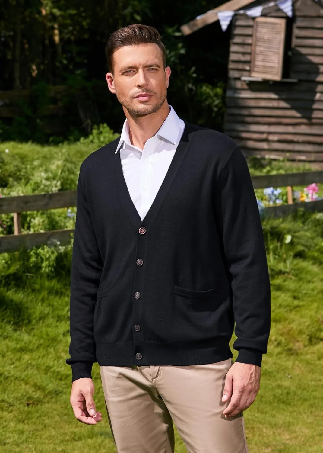Kallspin Men's Cardigan Sweaters Wool Blend V Neck Button Down Sweaters with Pockets